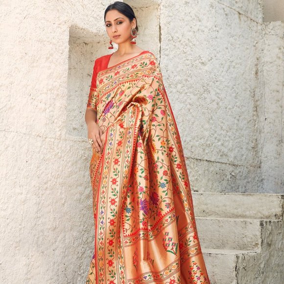 JHEAPS DARK GOLD RED PAITHANI WOVEN SILK FLORAL SAREE - Picture 1 of 5